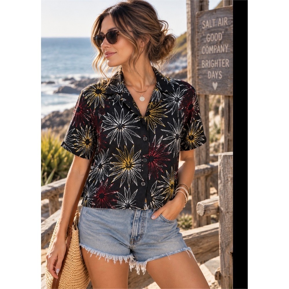 A.K.C. Embroidered Linen Blend Button Up Shirt M Black Boho Coastal Sunburst